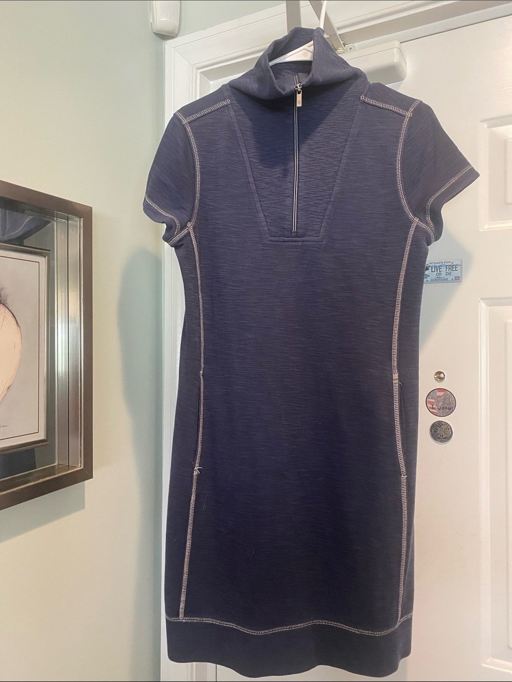 Tommy Bahama Navy Short-Sleeve Mock-Zip Dress with Contrast Stitching